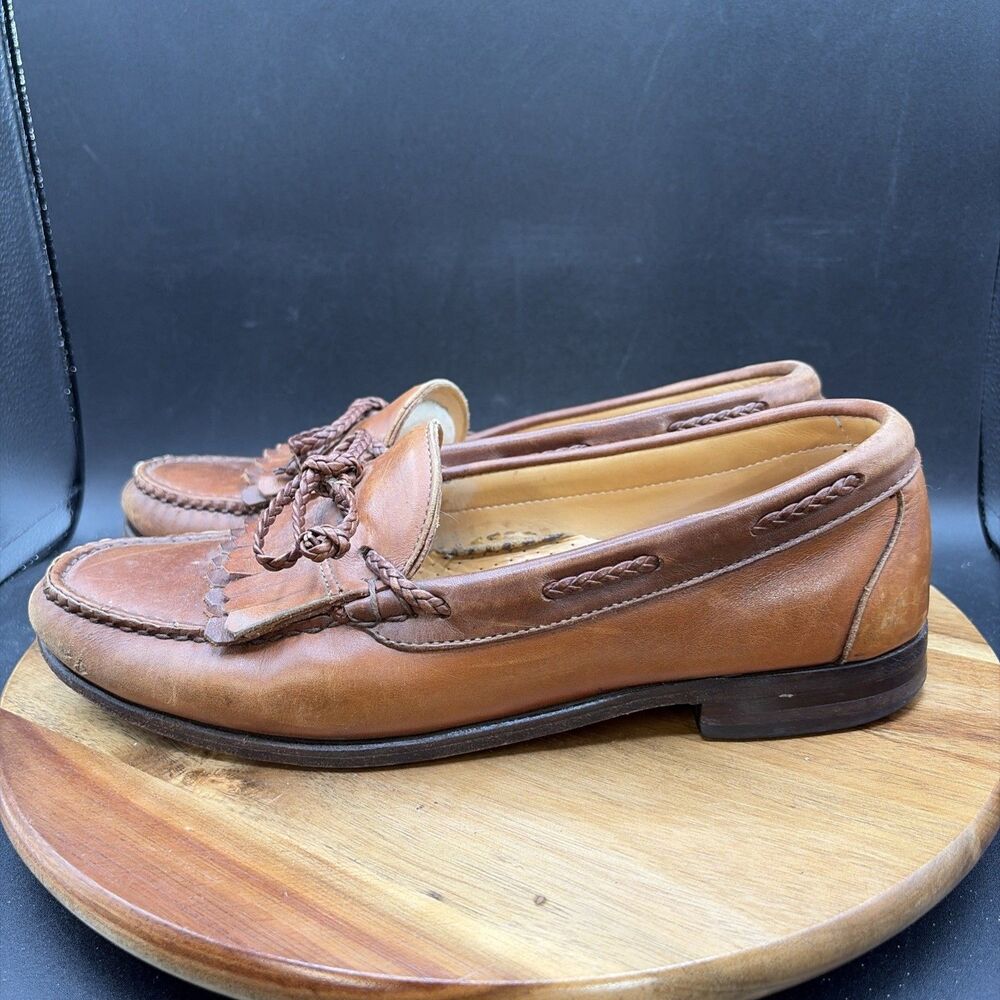 Allen Edmonds Woodstock Mens Size 9.5 D Loafers Tan Mahogany Calf Kiltie Tie